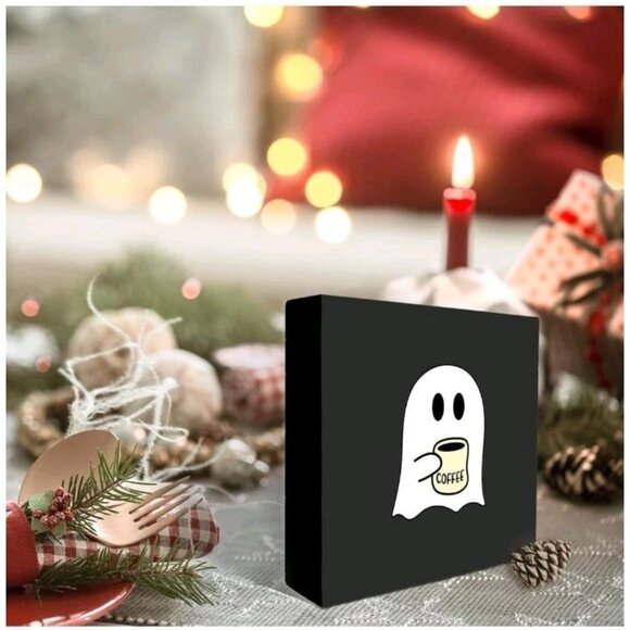 Halloween Ghost Coffee Wooden Box Sign, Cute Spooky Home Decor, Table Desk Shelf - Picture 7 of 7